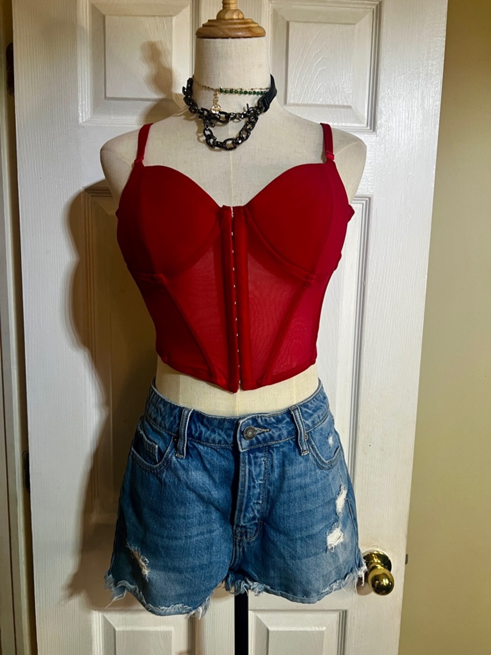 Say What Wms Red Mesh Sheer Corset Padded Cup Coquette Girl Festival Bustier L